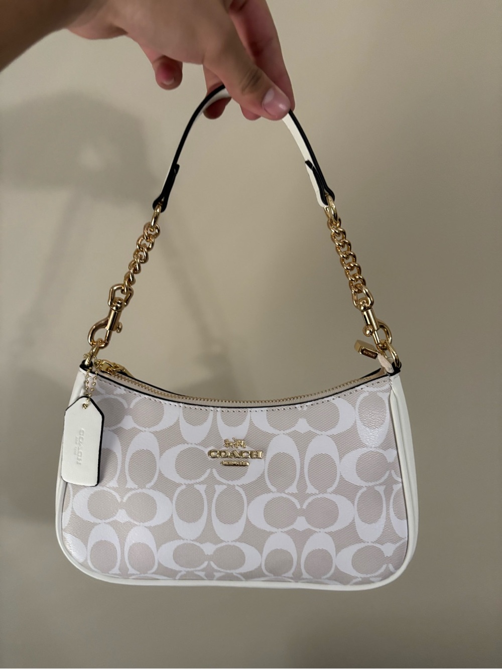 Coach White Signature Jacquard Shoulder Bag with Gold Hardware